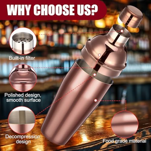 Nitial 6 Pcs Bar Cocktail Shaker Stainless Steel, Rose Gold, 25 oz