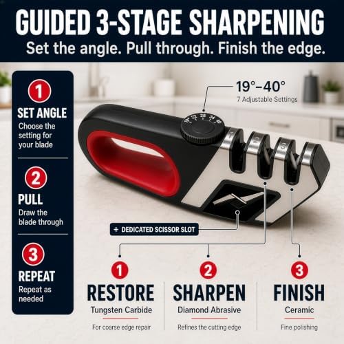 Knife Sharpener with 7 Adjustable Angles, Scissor Slot
