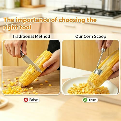 Corn Peeler 2026 Upgrade,Stainless Steel Curved Blade Corn Cob Stripper with Wooden Handle, Ergonomic Kernel Remover for Fresh, Cooked, or Frozen Corn(2pcs）