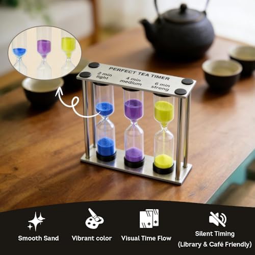 Lily's Home 3.5" Tall 3-in-1 Perfect Tea Timer, Includes 2, 4, and 6 Minute Sand Hourglass Timers, Use for Making Tea or Keeping Time Around The Kitchen, Brushed Stainless Steel Frame, Rectangular
