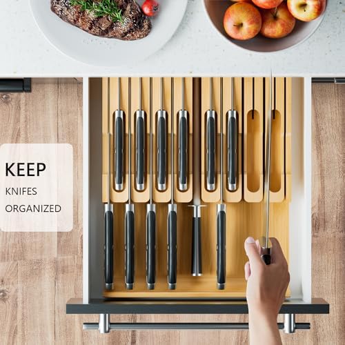 Domax Bamboo In-drawer Knife Block - Knife Drawer Organizer Insert Large Handle Steak Knife Holder, Kitchen Drawer Knife Organizer Fits for 16 knives and 1 Sharpening Steel (Not Included), Natural
