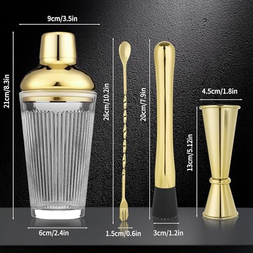 Cocktail Shaker Set 17oz, Gold Glass Martini Shaker with Strainer & Lid, Durable Bar Tools for Home Bartenders, Gift Box Included