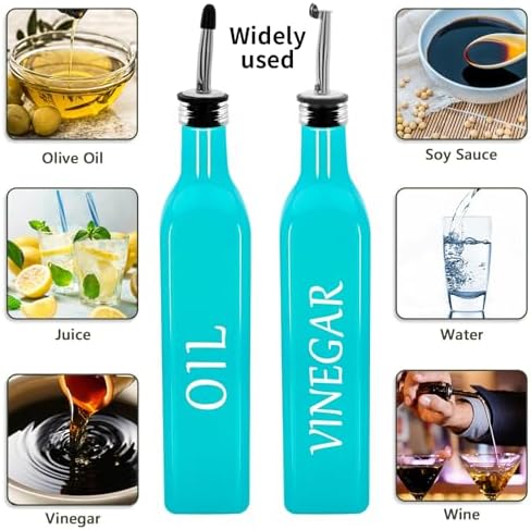 Olive Oil Dispenser Bottle,2 Pcs 17oz 500ml Glass O il and Vinegar Dispenser Set with 2 Stainless Steel Pourers, 8 Labels,Funnel Vinegar Bottles for Kitchen (Turquoise)