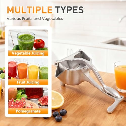 Fresh Fruit Juice Extractor, 2025 Upgrade Hand Juicer Squeezer Lemon Juicer Manual Hand Press with Ergonomic Grip, Easy to Clean for Orange Citrus Pomegranate Lime Grapefruit Kitchen Tool (1, Silver)