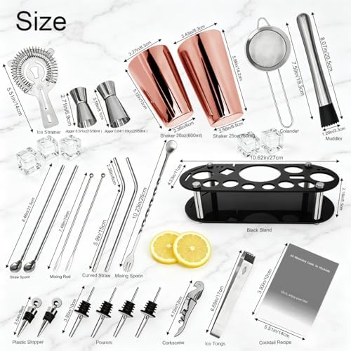 22-Piece Cocktail Shaker Set, 25/20oz Bartender Kit, Bartending Stainless Steel Bar Tools Sets for Drink Mixing, Boston Cocktail Shakers with Stand Recipes Booklet (Rose Gold-25-20oz)