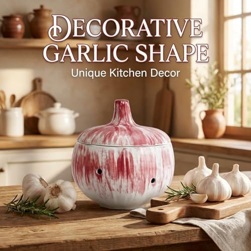 Garlic Keeper, Ceramic Garlic Keeper with Lid, Garlics Holder Countertop