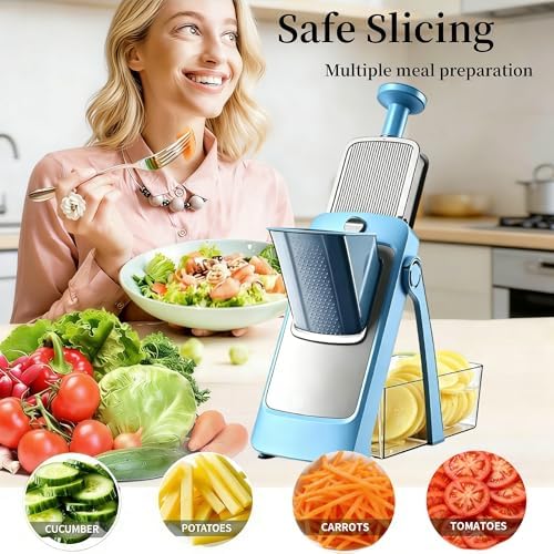 Upgraded Safe Mandoline Slicer for Kitchen, Potato Slicer for Chips, Multi Vegetable Chopper with Drain Basket Storage Container, Thickness Adjustable Versatile Faster Slice Artifact (Blue)