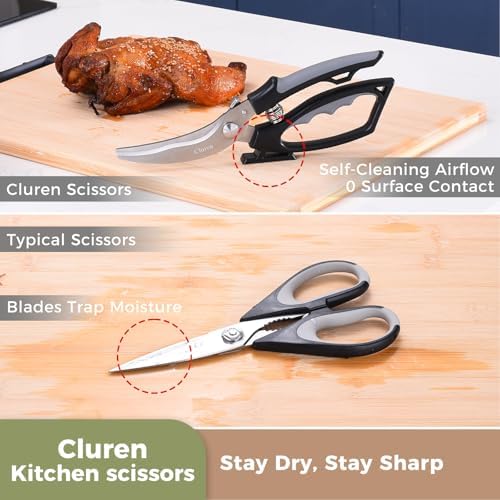 Kitchen Shears & Scissors Heavy Duty with Self-Standing Base | Cuts Poultry, Meat, Food | Ergonomic XL-Handle for Large Hands (Black-Gray)