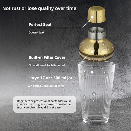 Cocktail Shaker Set 17oz, Gold Glass Martini Shaker with Strainer & Lid, Durable Bar Tools for Home Bartenders, Gift Box Included