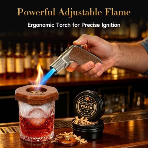 Whiskey Smoker Kit with Torch - 6 Flavors Wood Chips, Ice Ball Mold & Stone Ice Cubes – Complete Cocktail Smoking Set for Bourbon, Old Fashioned, Gifts for Men Dad Husband, Valentine's Day Gifts