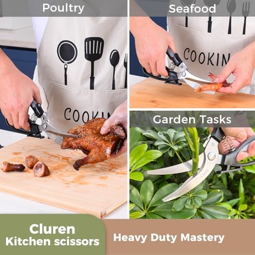 Kitchen Shears & Scissors Heavy Duty with Self-Standing Base | Cuts Poultry, Meat, Food | Ergonomic XL-Handle for Large Hands (Black-Gray)