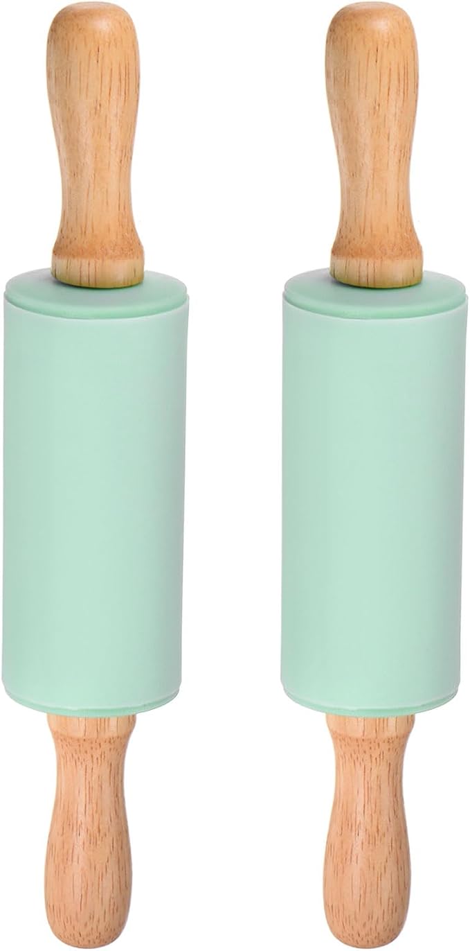 HARFINGTON 2pcs Silicone Rolling Pins for Baking 9.25 Inch Non-Stick Silicone Surface Wooden Handle Rolling Pin Small Roller Playdough Rolling Pins for Fondant Kitchen Dough Pizza, Green