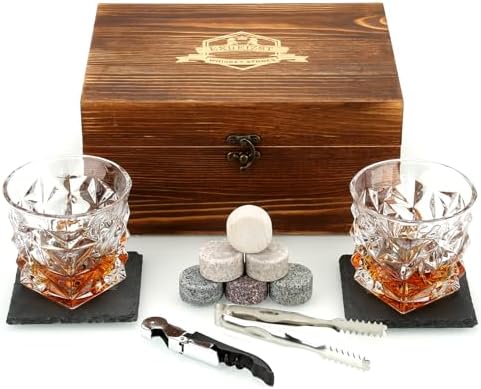Whiskey Stones Gift Set, 2 Large Crystal Whiskey Glasses in Wood Gifts Box
