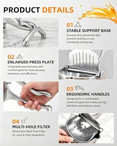 Hand Juicer Lemon Squeezer Press Manual Fruit Juice Metal Handheld Stainless Steel Cast Iron Citrus Ergonomic Tool Extractor Heavy Duty Large Capacity Effort Saving Easy Clean Kitchen Gadget