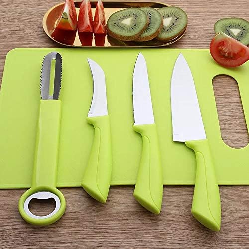 5 Piece Kitchen Knife Set Sharp Stainless Steel Blade, Utility Knife Peeler Paring Vegetable Potato Corer and Peeling with Cutting Board Green & Pink (Green)