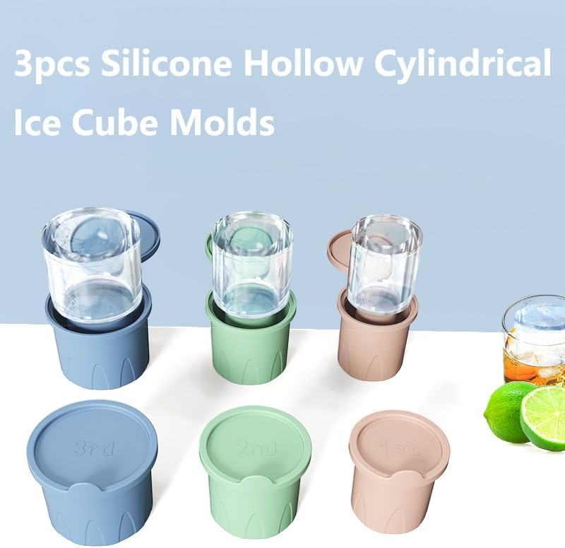 Ice Mold for Stanley Cup, 3 Pcs Silicone Ice Cube Tray for Tumbler 20/30/40oz Hollow Cylindrical Ice Molds with Lid for Freezer, Whiskey, Juice, Coffee, Cocktail, Ice Drink (Green)