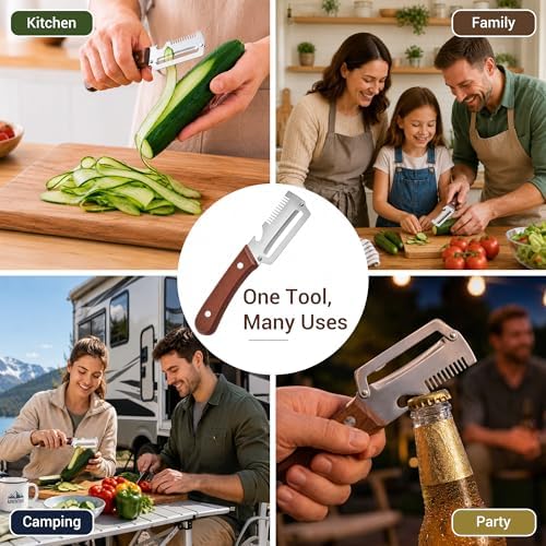 Multifunctional Vegetable Peeler Julienne for Kitchen: Elite and Shredder Gadgets 3-in-1 Stainless Steel Bottle Opener Tool with Wood Handles for Cabbage Carrots Potato Cucumber Veggie(2)