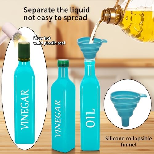 Olive Oil Dispenser Bottle,2 Pcs 17oz 500ml Glass O il and Vinegar Dispenser Set with 2 Stainless Steel Pourers, 8 Labels,Funnel Vinegar Bottles for Kitchen (Turquoise)