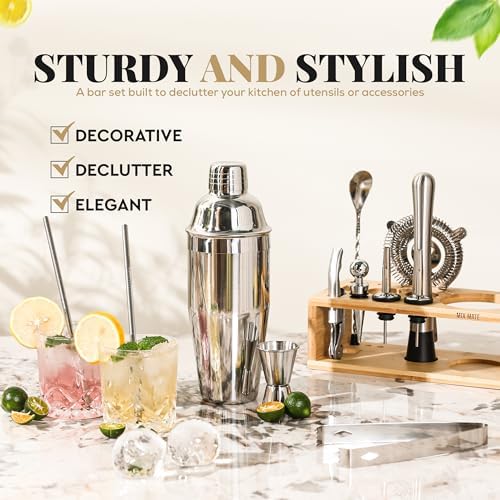 Mixology Bartender Kit with Stand - 15 Piece Bar Tool Set, Silver Bar Set Cocktail Shaker Set for Drink Mixing - Includes Martini Shaker, Jigger, Strainer, Bar Mixer Spoon, Tongs | Gift Idea (Natural)