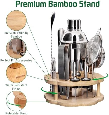 Cocktail Shaker Set Bartender Kit with Rotatble Bamboo Stand,11 Piece Bar Set Stainless Steel Bar Accessories for Drink Mixing, Bar, Home, Party (Silver)