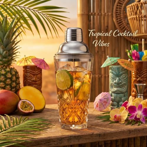 15oz Cut Crystal Cocktail Shaker,Lead-Free,#304 Stainless Steel,Dishwasher Safe,Set of Dasher&4pcs Cocktail Recipe Coasters, Fit Coffee Table Decor, Wedding Favors,any Bar Cabinet(Leaking Proof)