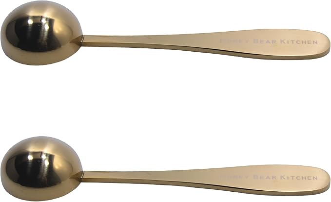 Honey Bear Kitchen 7.5 ml '1 perfect tea spoon' Measuring Scoop Spoons, Gold Polished Stainless Steel, Set of 2