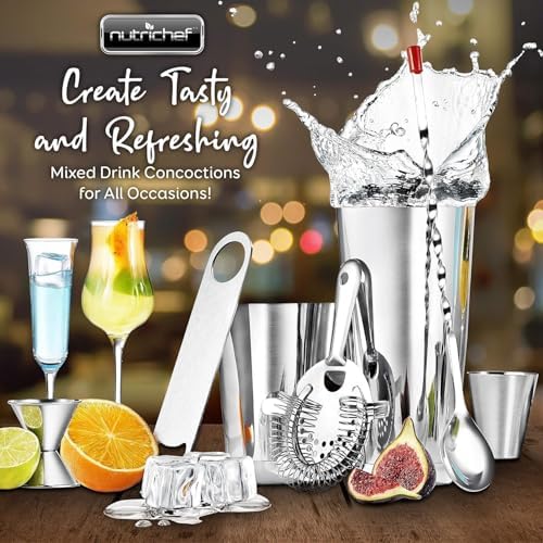 NutriChef Mixology Bartender Cocktail Shaker Set - Includes 15 & 30 oz Stainless Steel Shakers, 6 Bottle Pourers & More - Essential Martini Making Kit - Drink Mixing Set - 15 Piece Cocktail Bar Set