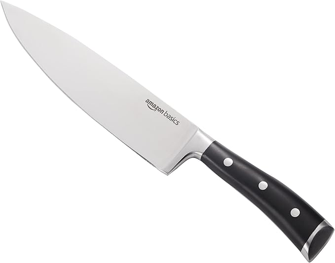 Amazon Basics Classic 8-inch Full Tang High Carbon Stainless Steel Chef's Knife, Multipurpose Kitchen Knife with Three Rivets, Silver (Pack of 12)