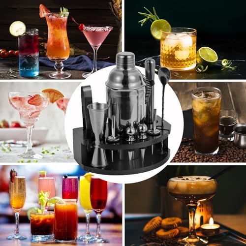 Safring Bartender Kit with Stand, 12-Piece Bar Set | 24oz Cocktail Shaker Set for Drink Mixing, Martini Shaker Set with Bar Tools, Recipes Booklet | Fun Housewarming Gift (Black)
