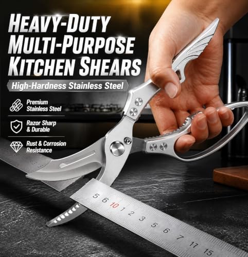 Heavy Duty Poultry Shears, Spring Loaded Kitchen Shears with Safety Lock - Sharp Stainless Steel Blades, Non-Slip Aluminum Handle, Dishwasher Safe Kitchen Scissors for Chicken, Turkey, Meat & Fish