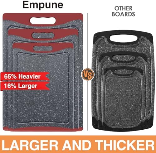 Extra Large Cutting Boards, Plastic Cutting Boards for Kitchen (Set of 3) Cutting Board Set Dishwasher Chopping Board with Juice Grooves Easy-Grip Handles, Red, Empune