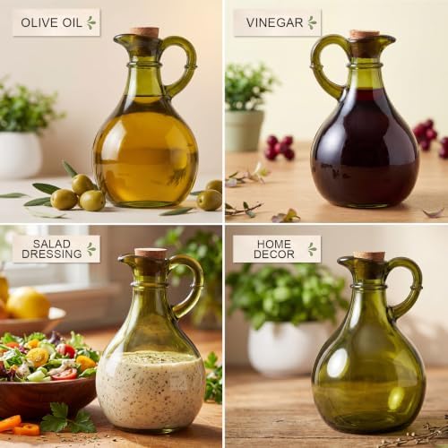 Suclain 6 Sets 12oz Glass Oil and Vinegar Cruet Set Round Oil Dispenser Olive Bottle with Airtight Stopper Salad Dressing Bottle Glass Condiment Container for Kitchen Homemade Olive Condiment(Green)