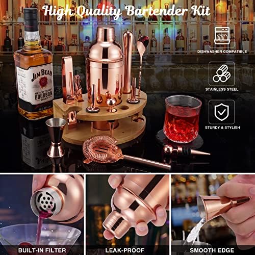Bartender Kit with Bamboo Stand, 12 Piece 25oz Cocktail Shaker Set with All Essential Bar Tools Set for Drink Mixing, Ideal Gifts for Cocktail Lovers, Home Bar Bartending Kit with Cocktail Recipes