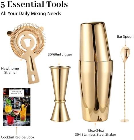 Boston Cocktail Shaker Set, 18 oz & 28 oz 2-Piece Tins, 304 Stainless Steel Bartender Kit 5-Piece Bar Tool Set with Recipe Book, Perfect for Novices & Pros, Home and Bar Use (Gold)