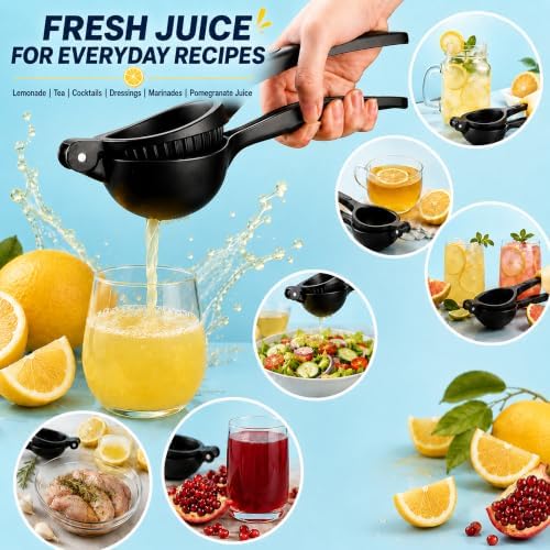 Heavy Duty Lemon Squeezer, Aluminium Alloy Manual Lemon Juicer Hand Press with Threaded Groove for Maximum Juice - Perfect for Limes, Small Oranges, Citrus Fruits (Black)
