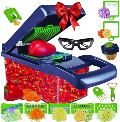 17 in 1 Vegetable Chopper Mandoline Slicer – All In One Veggie Cutter Food Grater Includes Onion Goggles, Egg Separator, Hand Guard – Sharp Stainless Steel Blades – 2 in 1 Drain Basket
