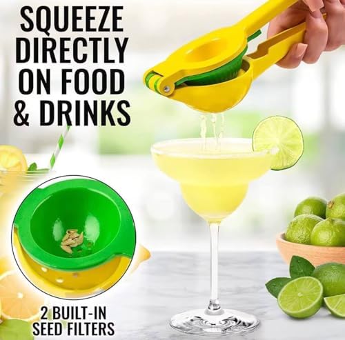Lemon Squeezer Metal 2-In-1 Manual Citrus Juicer, Max Juice Extraction, Gets Every Last Drop, Easy to Clean, Durable Aluminum Hand Press for Lemon & Lime, Yellow, JBK