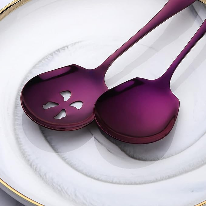 Meisha Serving Spoons Set, 3 Serving Spoons and 3 Slotted Serving Spoons, Purple Stainless Steel Serving Utensils for Buffet Can Banquet Cooking Kitchen - Mirror Polished