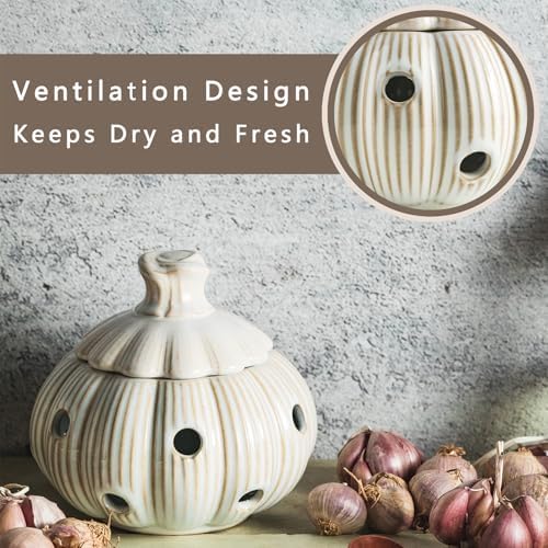 Ceramic Garlic Keeper for Counter, Large Garlic Storage with Lid