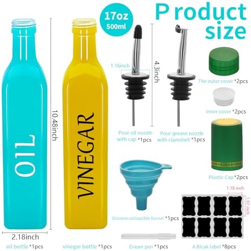 Olive Oil Dispenser Bottle,2 Pcs 17oz 500ml Glass O il and Vinegar Dispenser Set with 2 Stainless Steel Pourers, 8 Labels,Funnel Vinegar Bottles for Kitchen (Turquoise Oil & Yellow Vinegar)