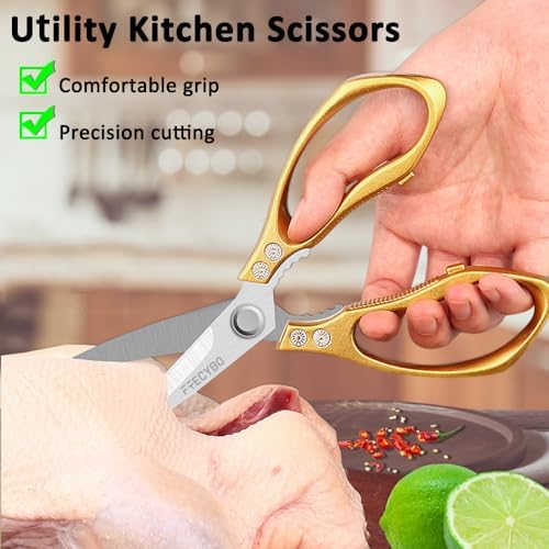 Kitchen Scissors, 2-Pack Multipurpose Kitchen Shears with Comfort Grip, Stainless Steel Cooking Scissors for Cutting Chicken, Meat, Food, Fish, Bread (Golden)