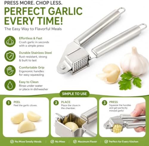 Garlic Press Stainless Steel Heavy Duty | Ergonomic Easy-Press Garlic Mincer for Arthritis & Weak Hands | Easy to Clean, Dishwasher Safe Manual Garlic Crusher for Home Kitchen