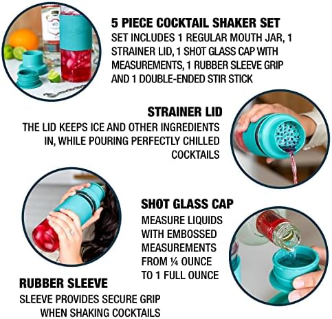 Masontops Cocktail Shaker Set – Glass Mason Jar Drink Shaker – 4 PC Set with Metal Swizzle Stick - Teal