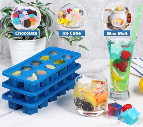 Webake Silicone Ice Cube Trays Star Shaped Ice Cube Molds for Whiskey and Cocktails, Easy Release Jelly Crayon Mold Pack of 3 Blue