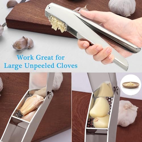 Garlic Press Crusher Stainless Steel Garlic Mincer Heavy Duty Ginger Masher Squeezer Manual,Garlic Smasher with Peeler and Cleaning Brush Set Dishwasher Safe Large No Peel Easy Clean Kitchen,Silver