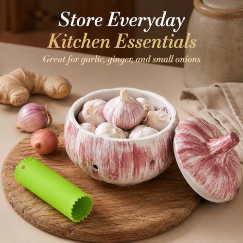 1 Set Garlic Keeper for Counter with Lid, 5.12 x 5.51 in Ceramic Storage Jar with Vent Holes, Includes Silicone Peeler Tube, Compact Kitchen Container for Bulbs, Pantry and Daily Home Cooking
