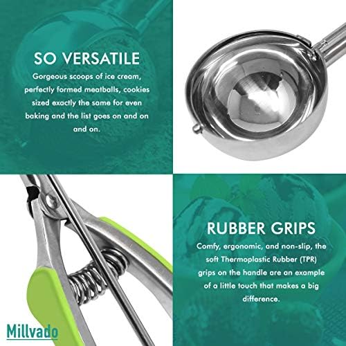 Millvado 3 Pack Stainless Steel Ice Cream and Cookie Scoops | With Green Rubber Grips – Spring Loaded Lever Design – For Sorbet, Melon, Meatballs, Muffins, and More – Includes 1 Oz, 2 Oz, 3 Oz Scoop