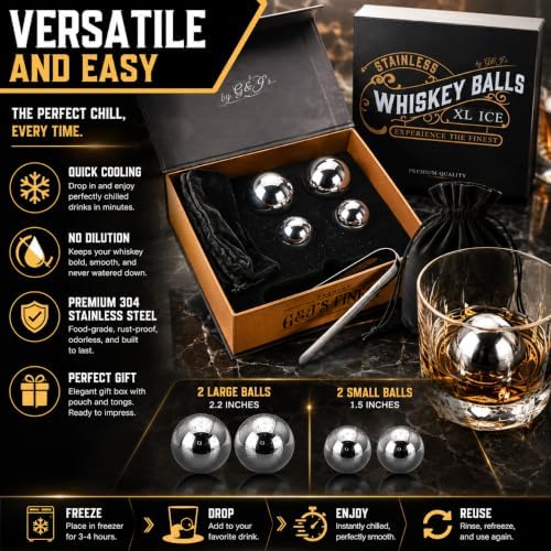 G&J's Finest Premium 4-Piece Stainless Steel Whiskey Chilling Ball Gift Set – 2 X-Large & 2 Large size Balls with Freezer Pouches and Tongs in Luxury Gift Box for Bourbon|Scotch|Whiskey(Not-Solid)