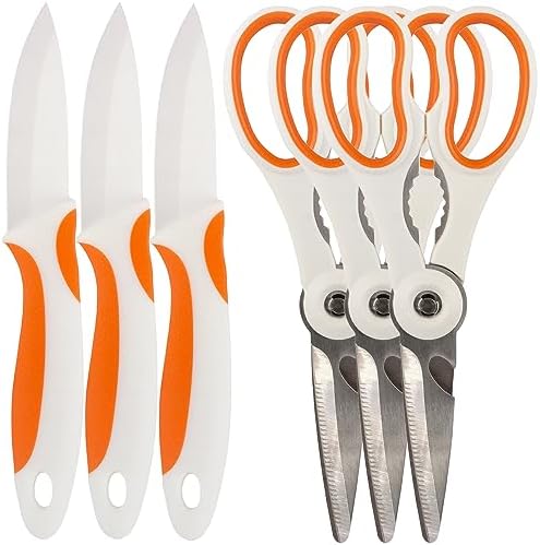 Premium 4-in-1 Kitchen Shears with Paring Knife Set - 3 Sets (3 Scissors & 3 Paring Knives)