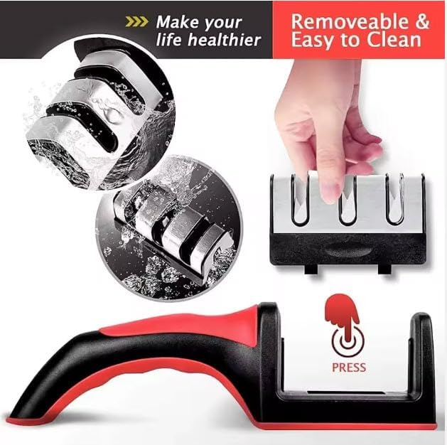 Professional 3-Stage Knife Sharpener with diamond, tungsten steel and ceramic slots. Sharpen kitchen knives, chef knives and scissors easily with this non-slip manual sharpener. (Red)